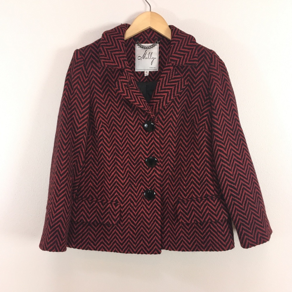 Milly Chevron Red Black Button Up Coat Jacket Women’s Sz 4